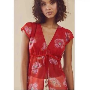 NWOT Free People Cecile Printed Top Red Floral Sheer Tie Front Size Small